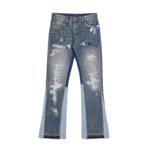 Destroyed Paint Splatter Flared Jeans