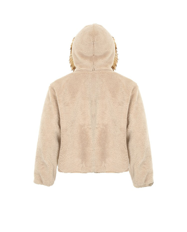 American-style Warm Lambswool Collar Hooded Cotton Jacket, Casual and Relaxed Style, High-end Outerwear 173