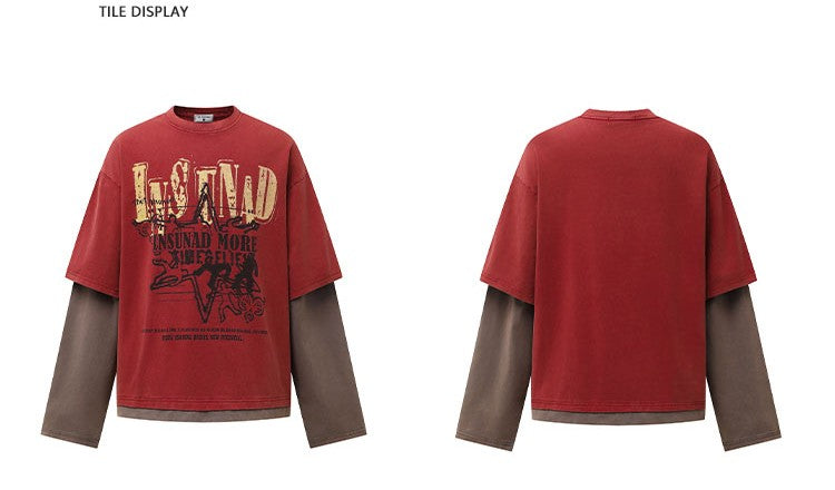 K787 American Retro Old Letter Printed Long-sleeved T-shirt Men's Fake Two-piece Sports Hip-hop Loose Casual Top 154