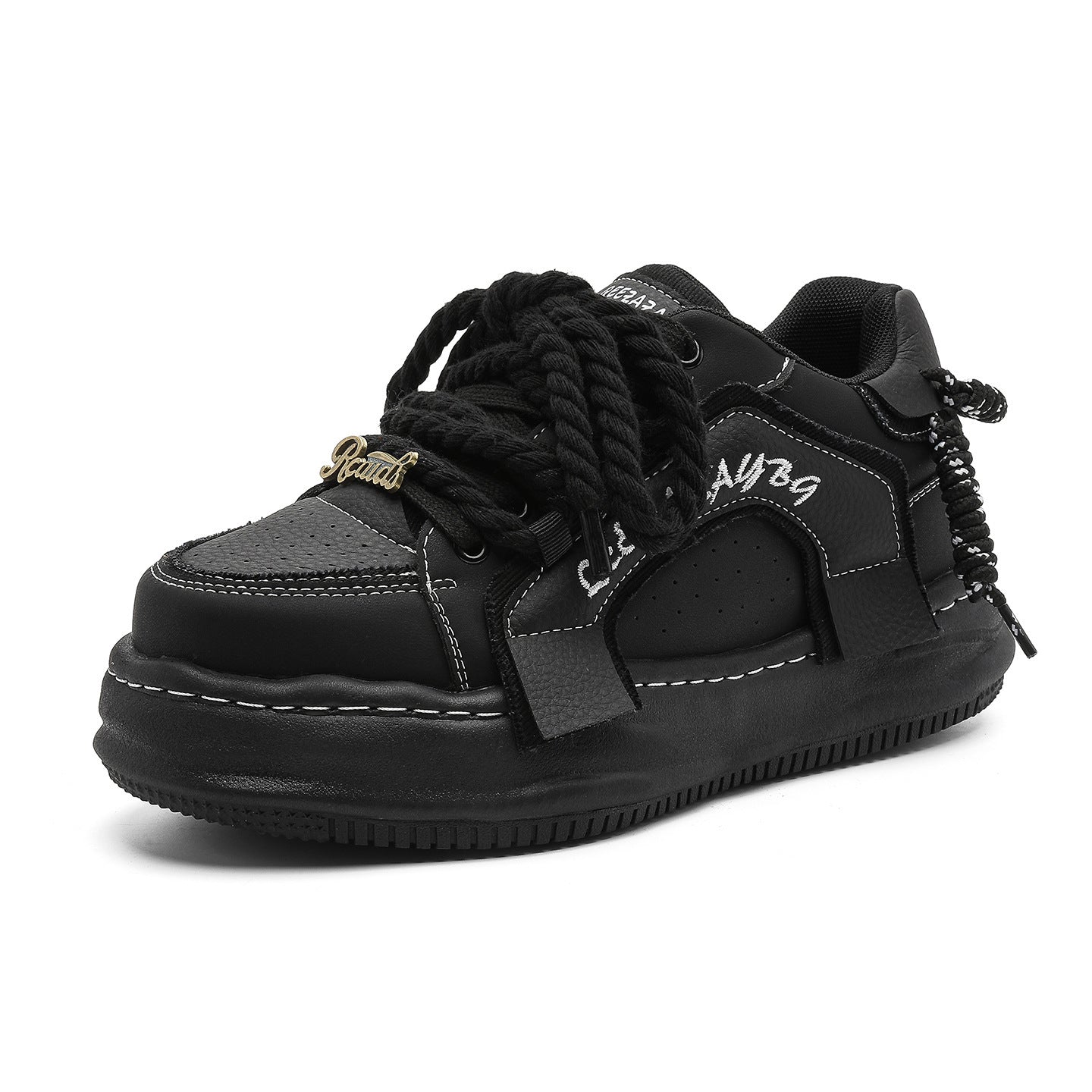 Thick-Soled Black Braided Sports Sneakers