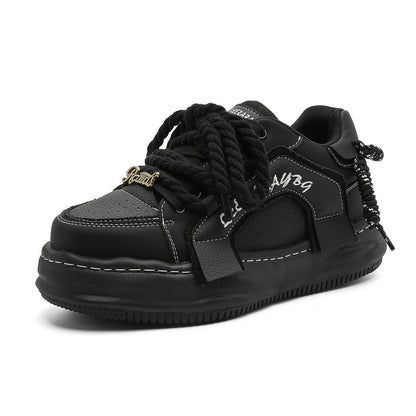 Thick-Soled Black Braided Sports Sneakers