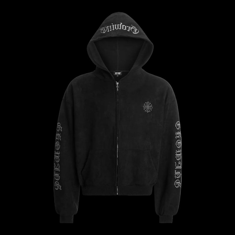 Cozy Heavy Embroidered Suede Zipper Hoodie