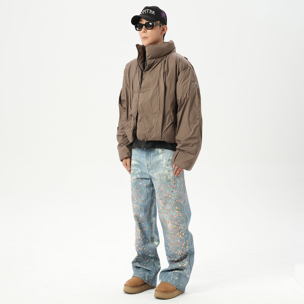 American retro AC style 3D digital printing old rivet drilling casual loose straight jeans men