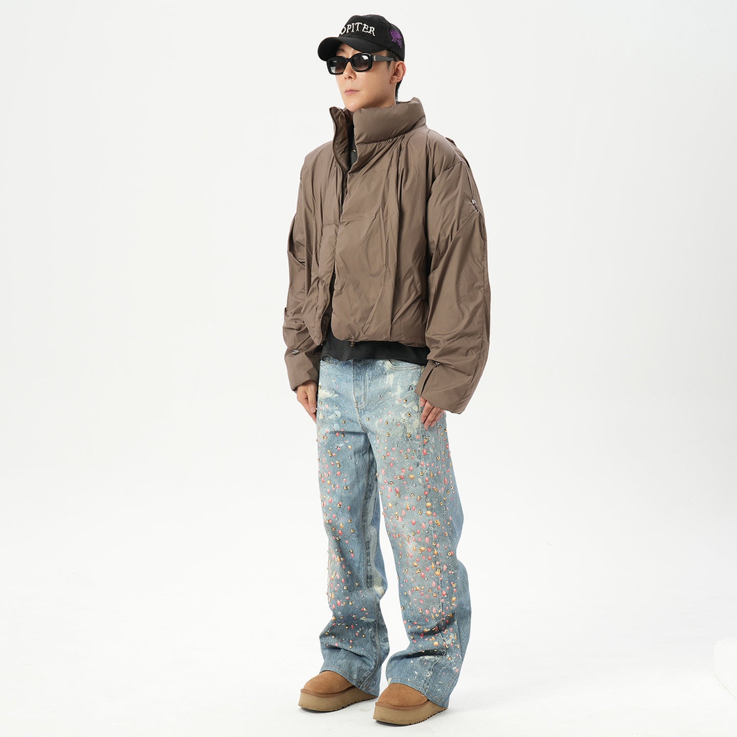 American retro AC style 3D digital printing old rivet drilling casual loose straight jeans men