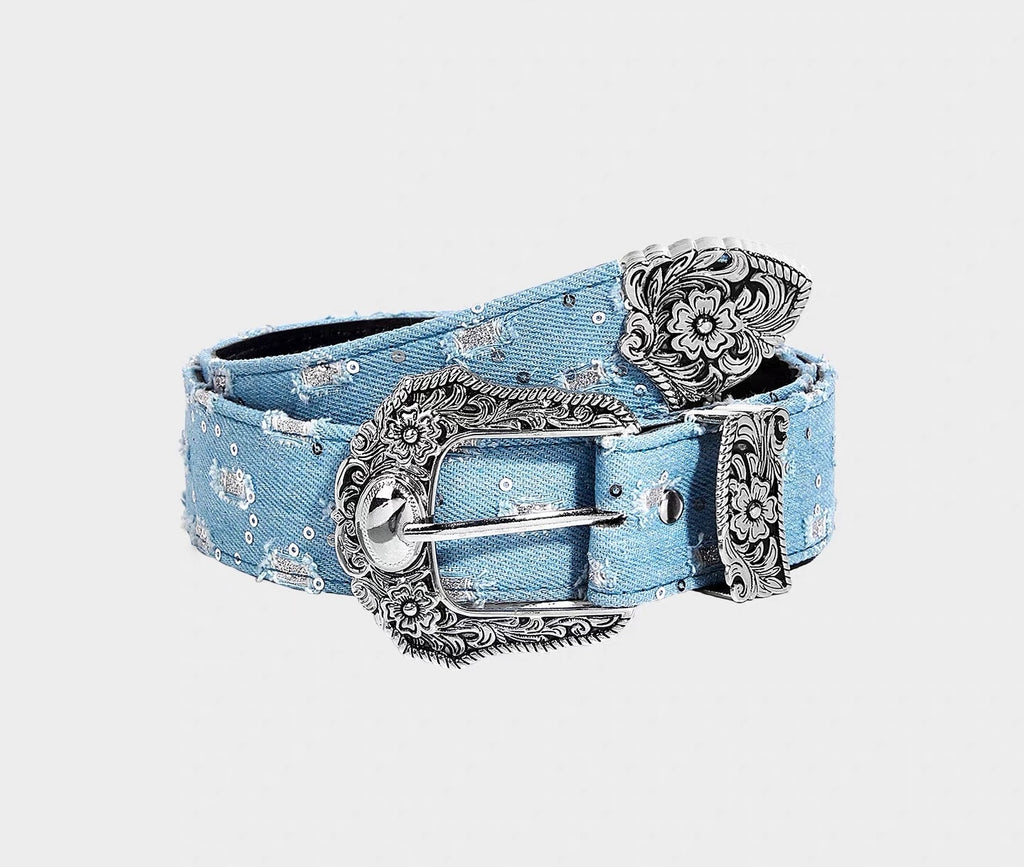 Original Distressed Denim Belt for Men and Women with Carved Buckle, Y2K Niche Design Trendy Leather Belt 114