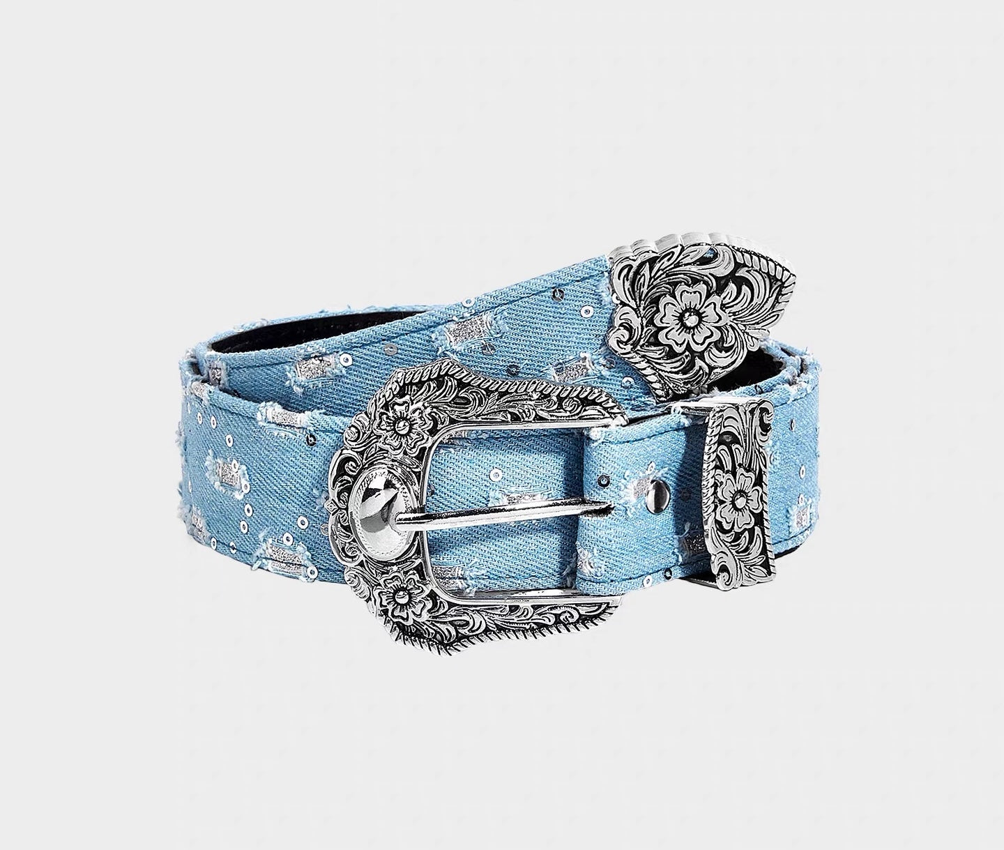 Original Distressed Denim Belt for Men and Women with Carved Buckle, Y2K Niche Design Trendy Leather Belt 114