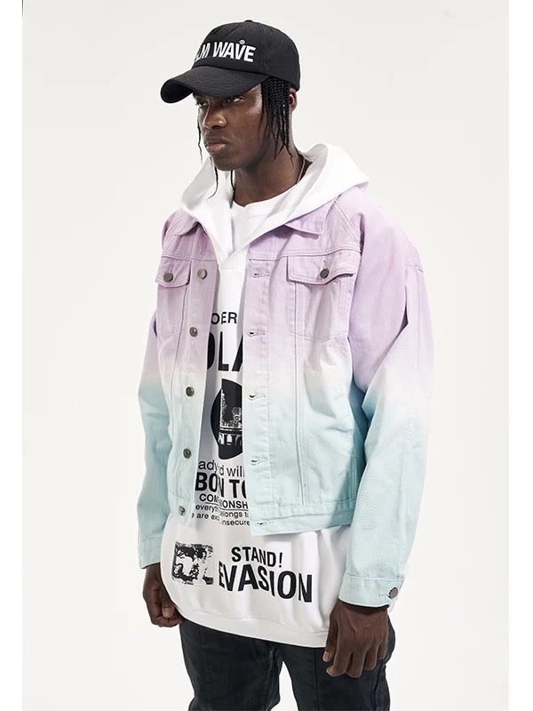 High-street oversized rainbow gradient Vibe style couple denim jacket trendy outerwear hip-hop men's style 116