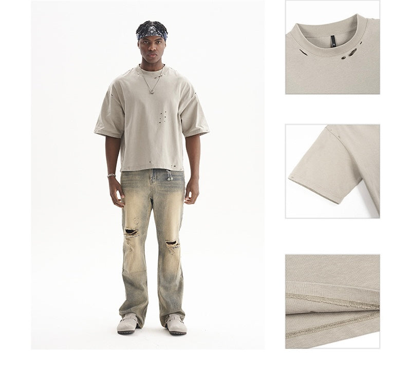 Retro-style solid cropped color men's T-shirt, high-quality heavyweight short-sleeved men's T-shirt, American street style, 100% cotton loose fit 110