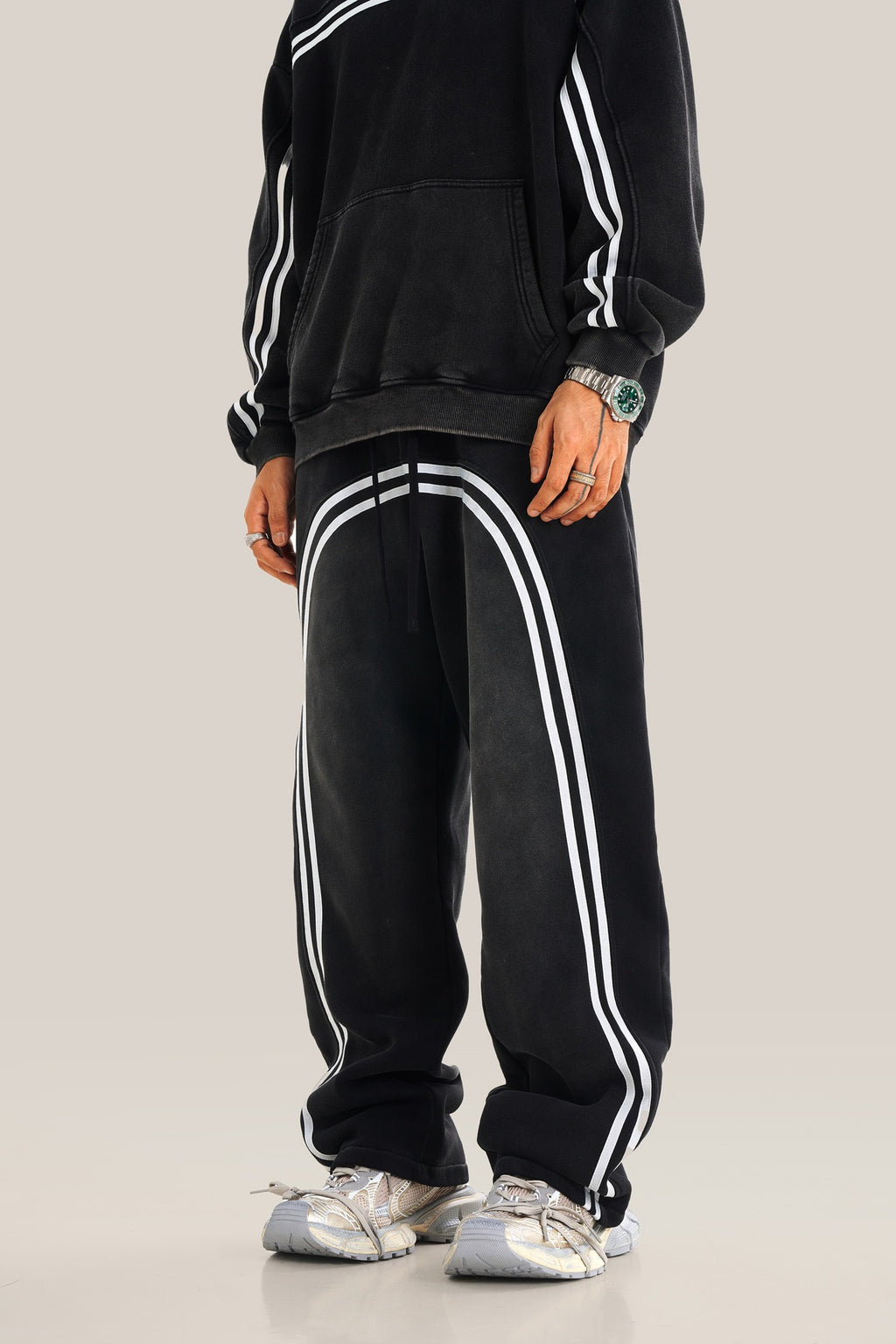 European and American High Street Spray Maliu Color Contrast Ribbon  oversize Sweatpants 108