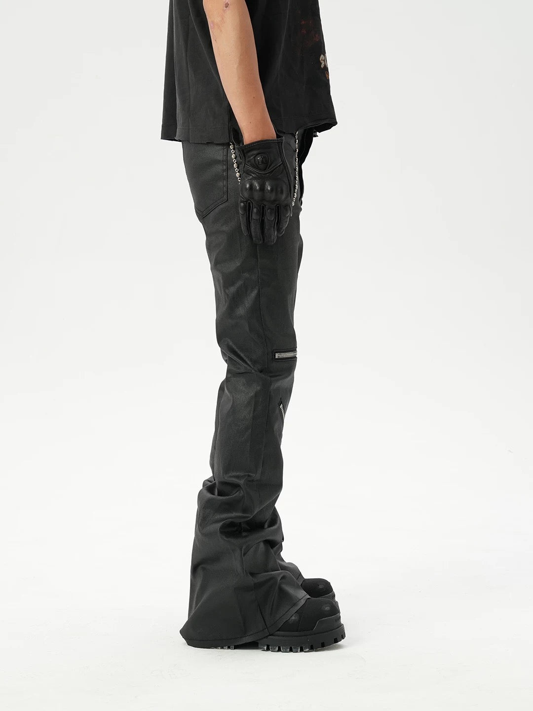 American high-street niche knee-high multi-zipper coated slightly flared jeans, floor-length flared pants