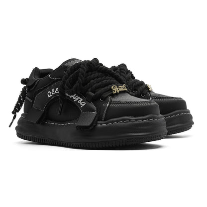 Thick-Soled Black Braided Sports Sneakers