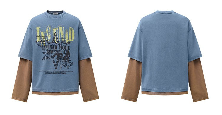 K787 American Retro Old Letter Printed Long-sleeved T-shirt Men's Fake Two-piece Sports Hip-hop Loose Casual Top 154