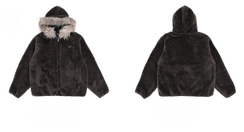 American-style Warm Lambswool Collar Hooded Cotton Jacket, Casual and Relaxed Style, High-end Outerwear 173