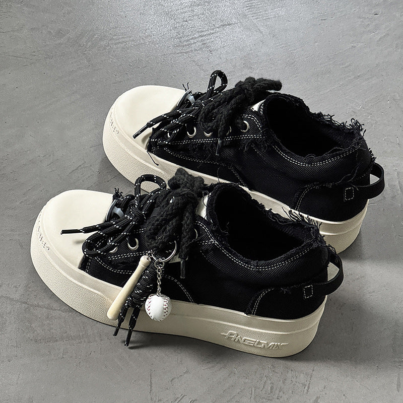 Thick-Soled Round-Toe Mickey Black and White Chunky Sneakers