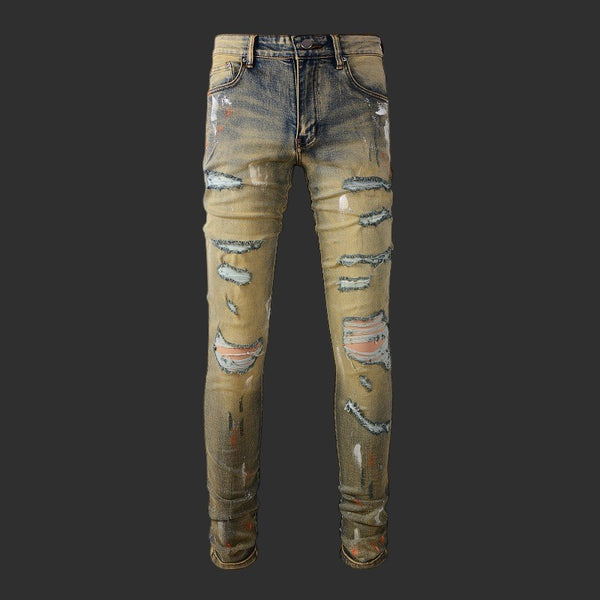 Distressed Paint Splatter Skinny Jeans Men Ripped Vintage Streetwear Denim | FlipFit