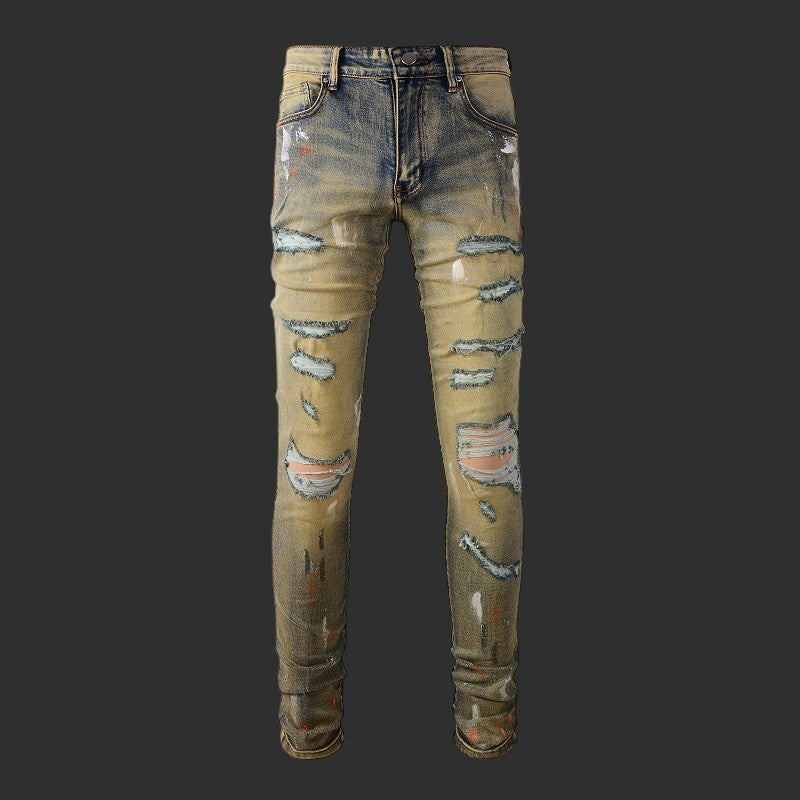 Distressed Paint Splatter Skinny Jeans Men Ripped Vintage Streetwear Denim | FlipFit