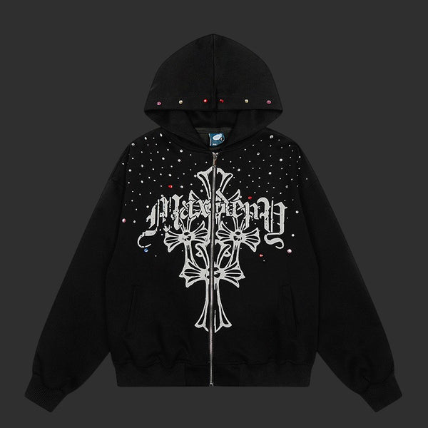 Darkness Gothic Cross Rhinestone Zip-Up Hoodie | FlipFit