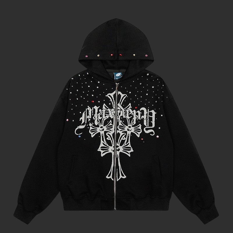 Darkness Gothic Cross Rhinestone Zip-Up Hoodie | FlipFit