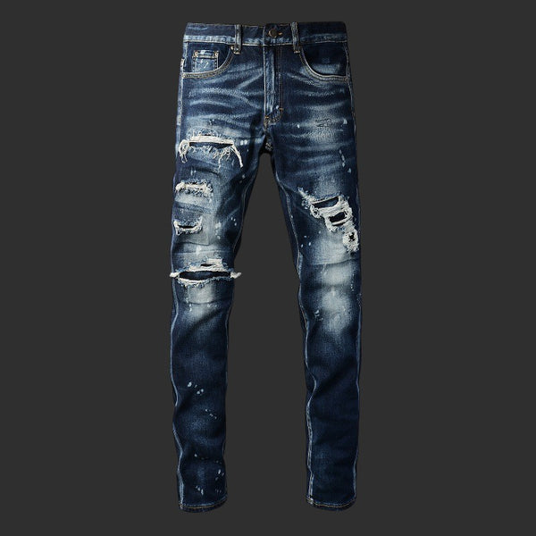DARK BLUE RIPPED PAINT SPLATTER SKINNY JEANS DISTRESSED STREETWEAR DENIM | FLIPFIT
