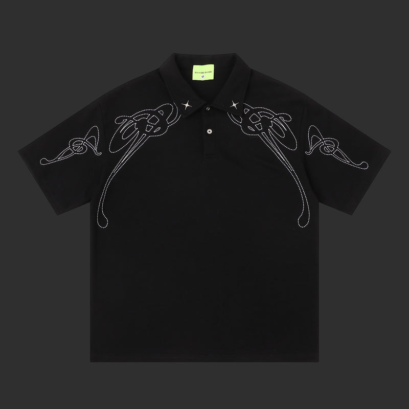 Metallic Star Stud Tribal Embroidery Polo Shirt | FlipFit