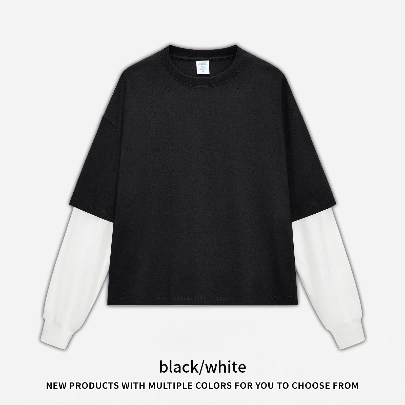 RS Men's Clothing | Cross-border Faux Two-Piece Color Block Long-Sleeve T-Shirt 280G Pure Cotton Short Wide Boxy American Style Patchwork Long-Sleeve T-Shirt 118