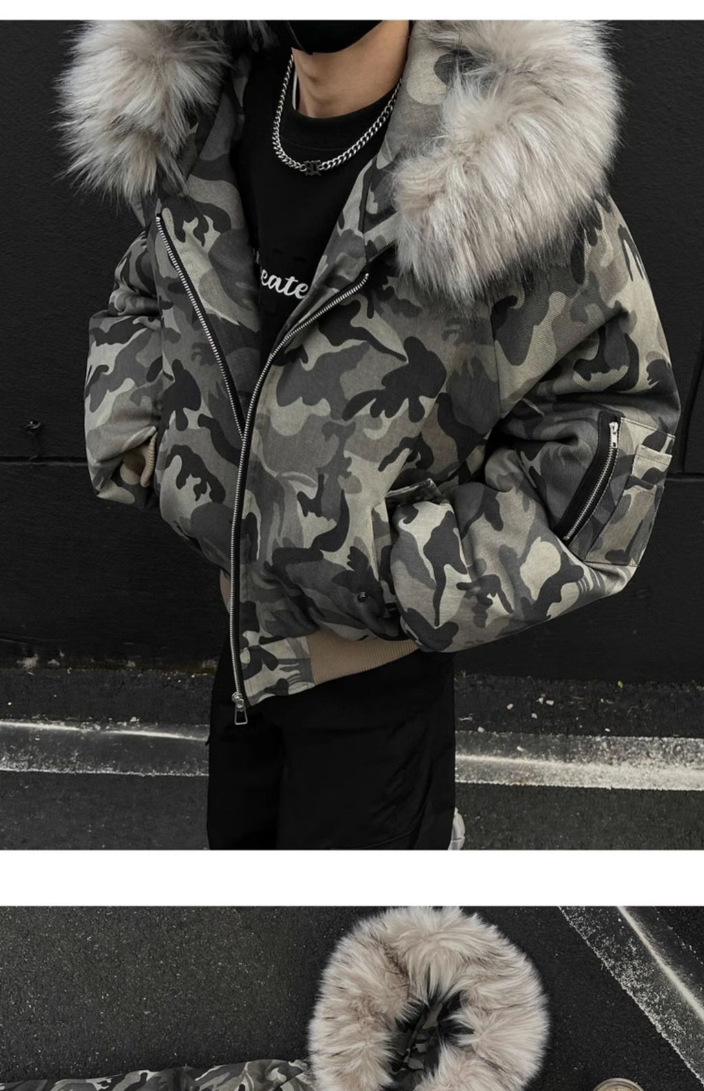 Men's winter thickened high-street bomber American-style flight quilted jacket with large fur collar. 133