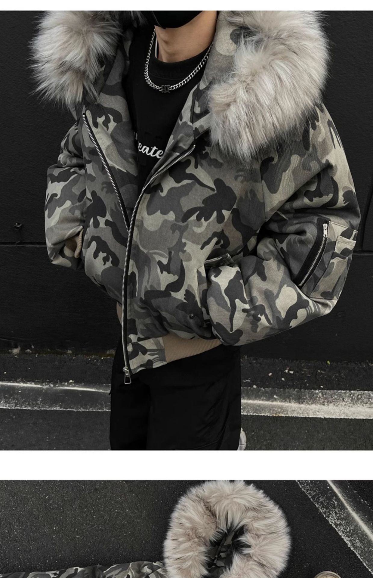 Men's winter thickened high-street bomber American-style flight quilted jacket with large fur collar. 133