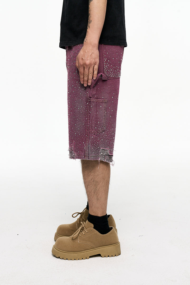 CWHAT American Retro VIBE Style Rhinestone Frayed Edge Men's Hip Hop Cropped Denim Shorts with Rhinestone Foil Hem 153