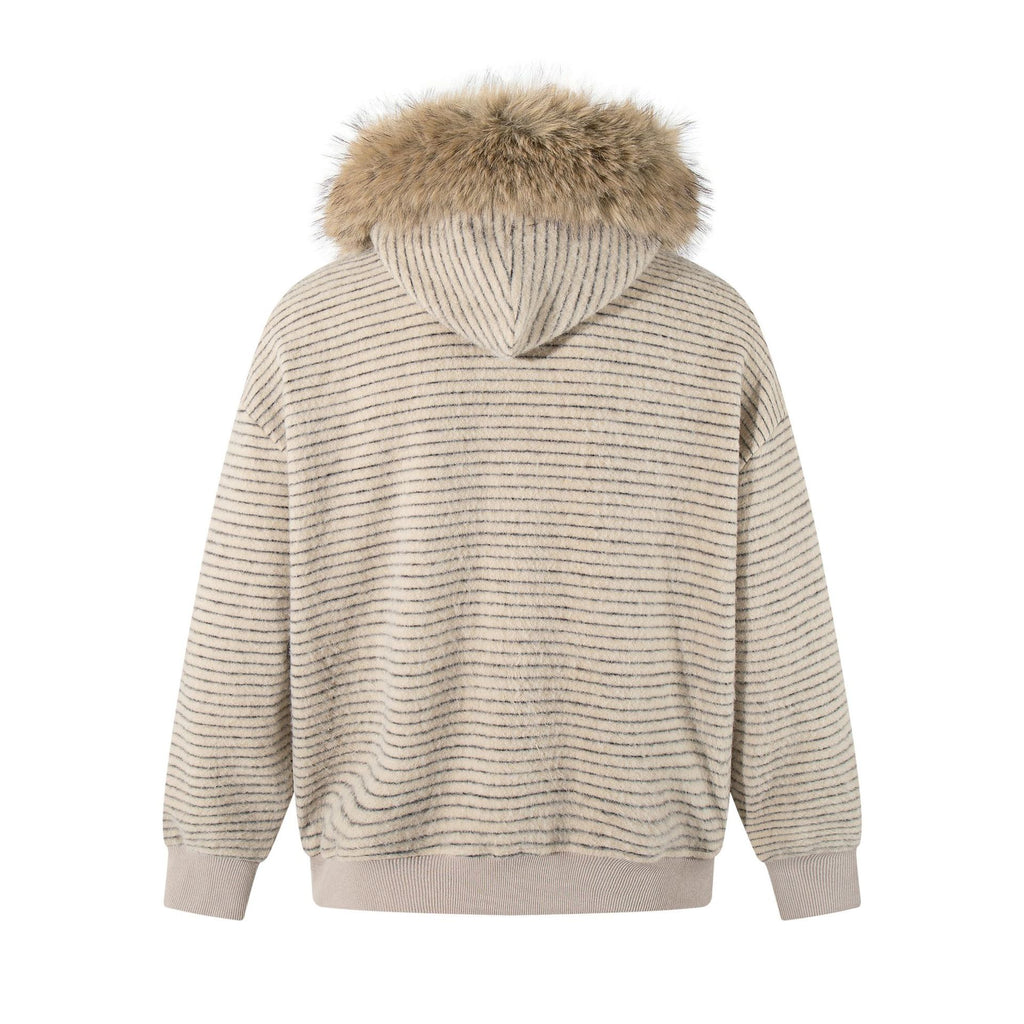 New American Retro Minimalist Versatile Striped Hooded Sweatshirt with Fur Collar Jacket 180