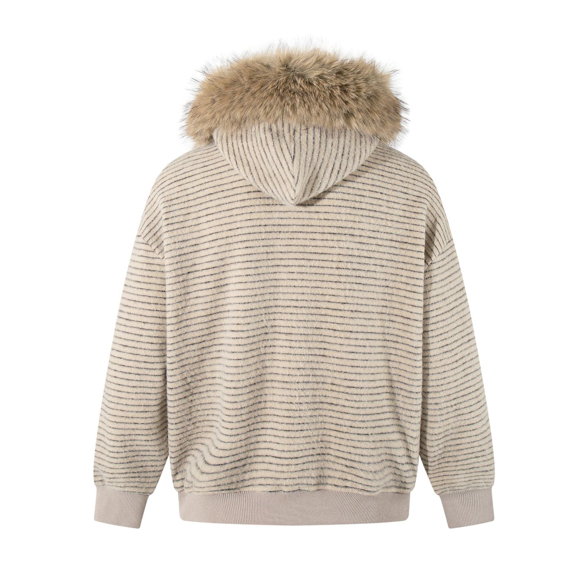 New American Retro Minimalist Versatile Striped Hooded Sweatshirt with Fur Collar Jacket 180