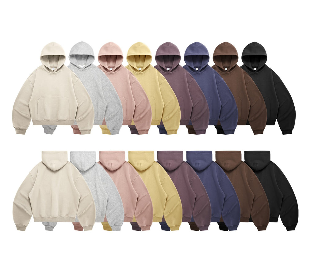 340G Heavyweight Fleece-Lined Hoodie with Curved Sleeves, Men's American Style, Cleanfit Short Solid Color Warm Hoodie 143