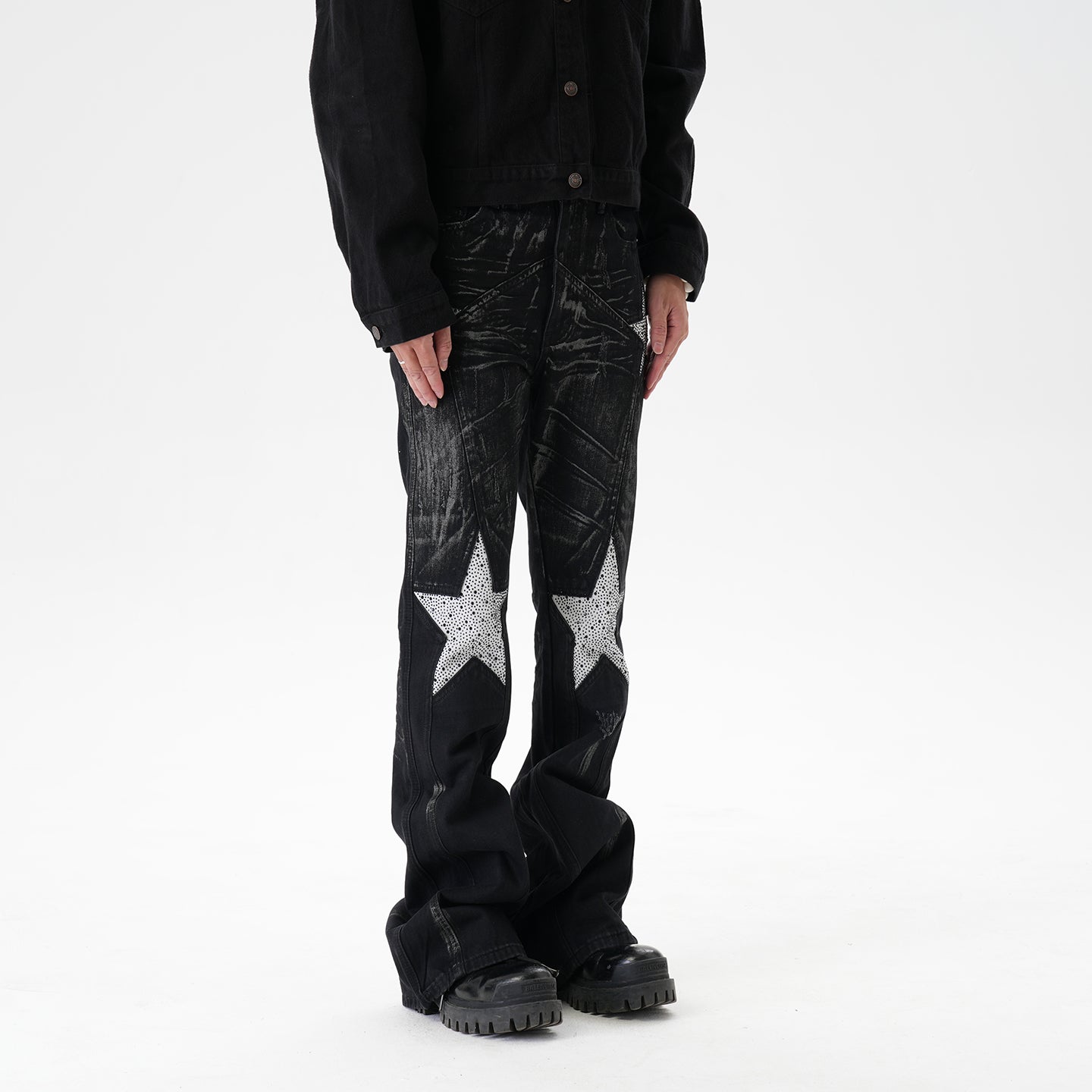 CWHAT American-style high street stitching three-dimensional tailoring deconstruction five-pointed star hot drilling brush dirty slim Micro-jeans men