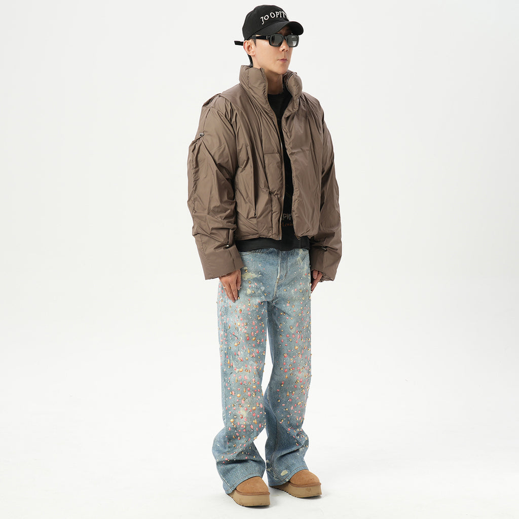 American retro AC style 3D digital printing old rivet drilling casual loose straight jeans men