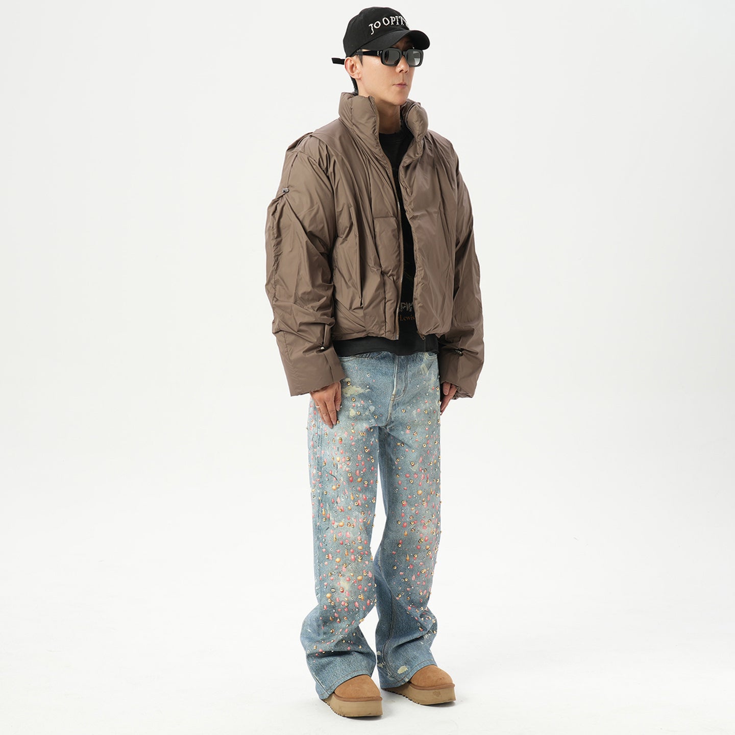 American retro AC style 3D digital printing old rivet drilling casual loose straight jeans men