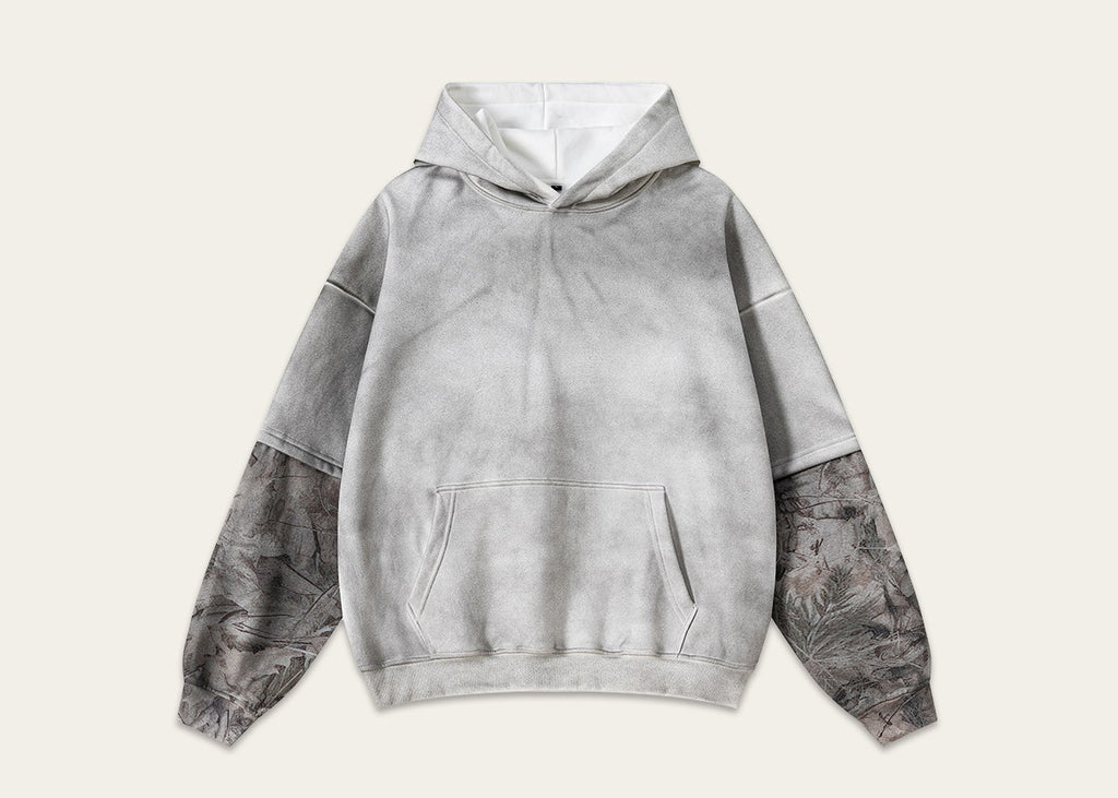 Street Style Chic 2025 American Retro Distressed Color Block Faux Two-Piece Camouflage Hooded Sweatshirt for Men 176