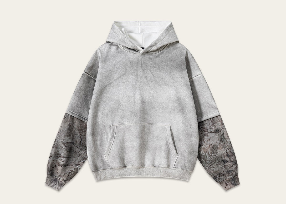 Street Style Chic 2025 American Retro Distressed Color Block Faux Two-Piece Camouflage Hooded Sweatshirt for Men 176