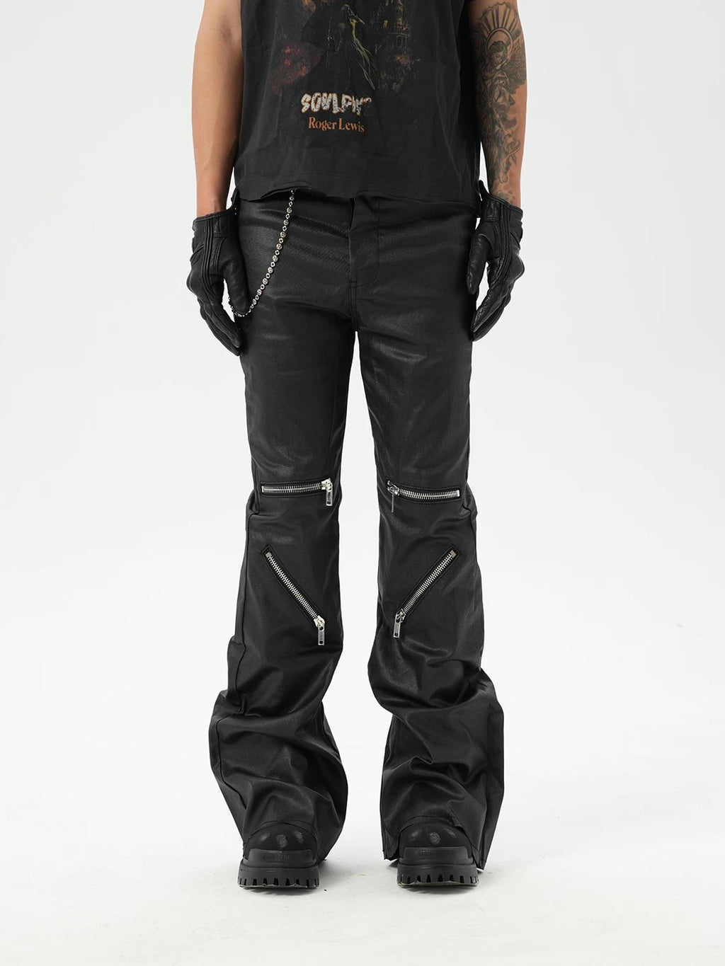 American high-street niche knee-high multi-zipper coated slightly flared jeans, floor-length flared pants