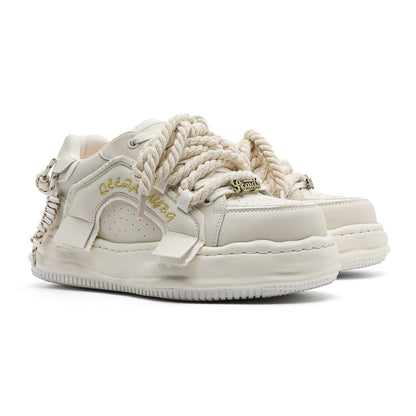 Thick-Soled Black Braided Sports Sneakers