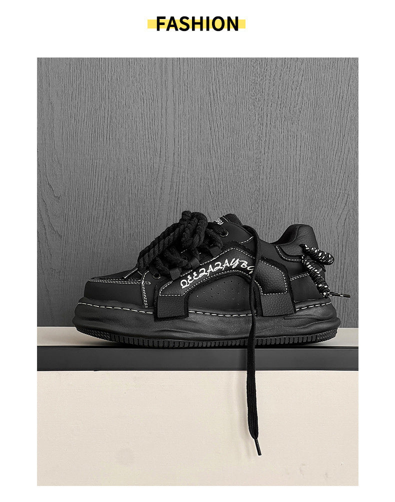 Thick-Soled Black Braided Sports Sneakers