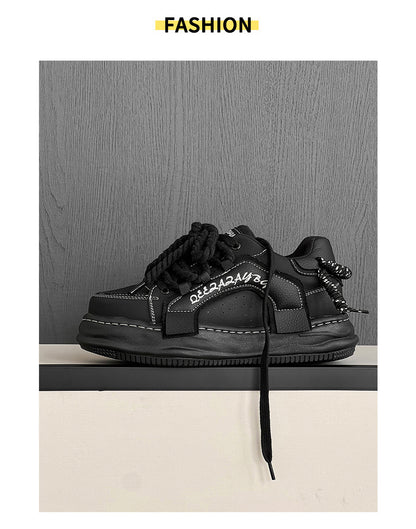 Thick-Soled Black Braided Sports Sneakers