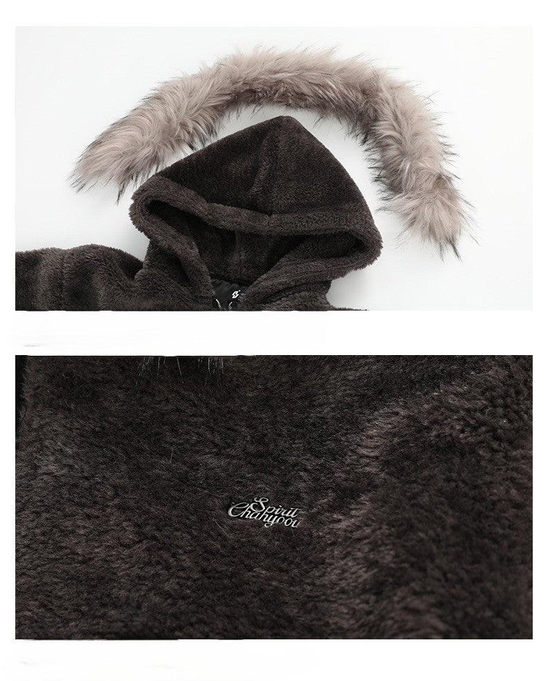 American-style Warm Lambswool Collar Hooded Cotton Jacket, Casual and Relaxed Style, High-end Outerwear 173