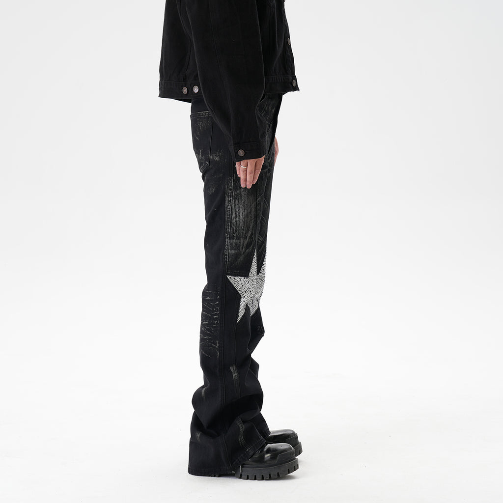 CWHAT American-style high street stitching three-dimensional tailoring deconstruction five-pointed star hot drilling brush dirty slim Micro-jeans men