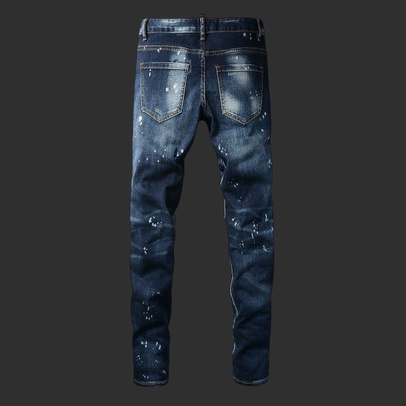 DARK BLUE RIPPED PAINT SPLATTER SKINNY JEANS DISTRESSED STREETWEAR DENIM | FLIPFIT