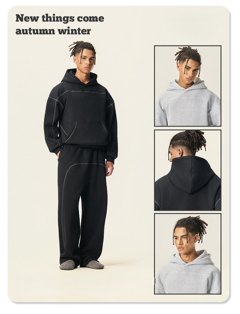 RS Men's Clothing | Cross-border 350G Hasselblad Line Boxy Hoodie Sweatshirt and Sweatpants Set, American Hip Hop Fleece Set 124