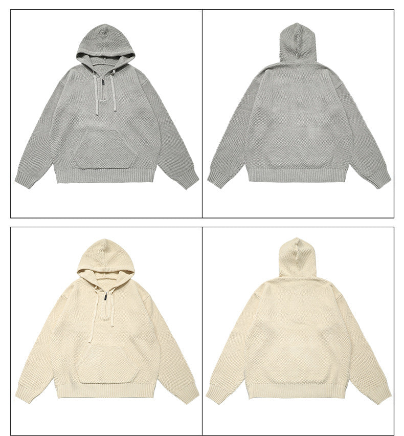 American Retro Textured Half-Zip Hooded Sweater for Men and Women, Autumn Cleanfit Knit Hoodie 171