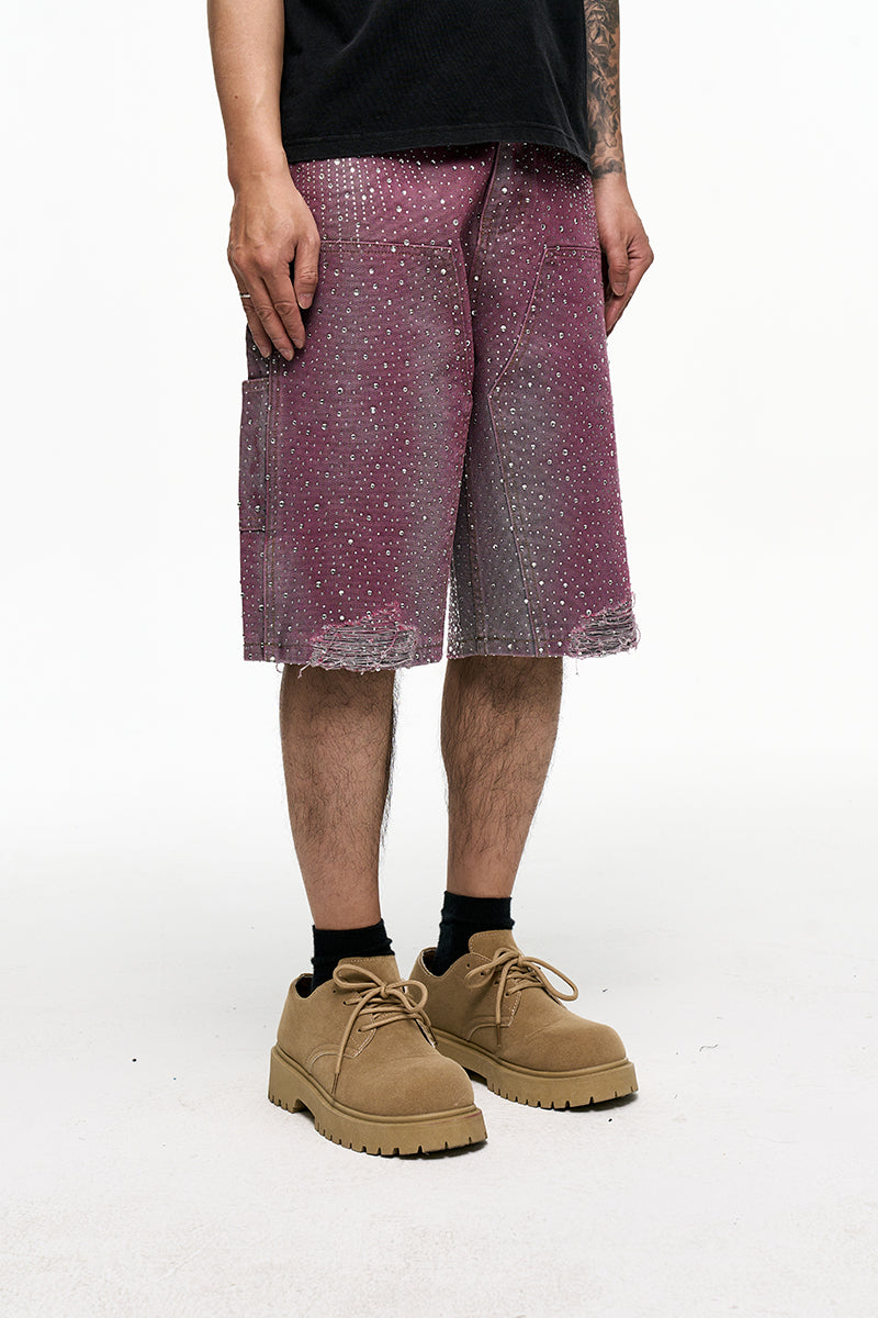 CWHAT American Retro VIBE Style Rhinestone Frayed Edge Men's Hip Hop Cropped Denim Shorts with Rhinestone Foil Hem 153