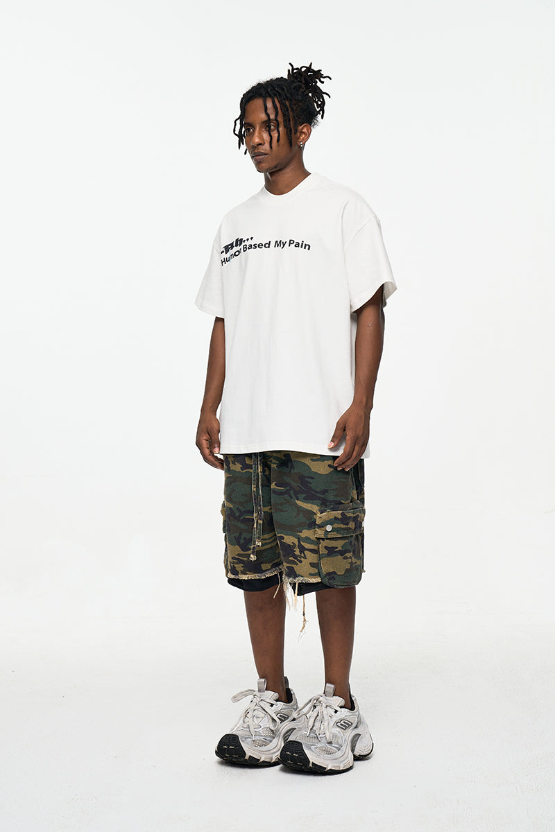 High Street washed rough edge distressed double layer retro tooling pocket fashion camouflage shorts summer pants men's