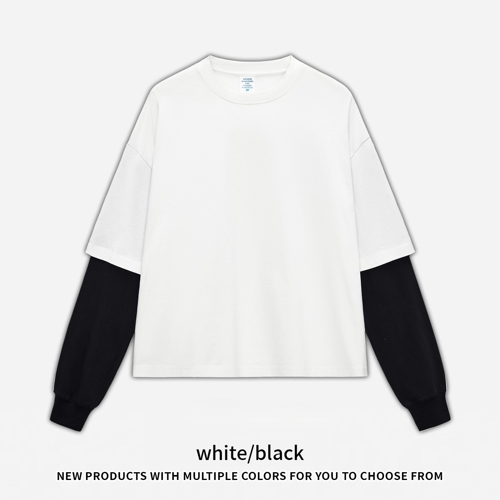 RS Men's Clothing | Cross-border Faux Two-Piece Color Block Long-Sleeve T-Shirt 280G Pure Cotton Short Wide Boxy American Style Patchwork Long-Sleeve T-Shirt 118