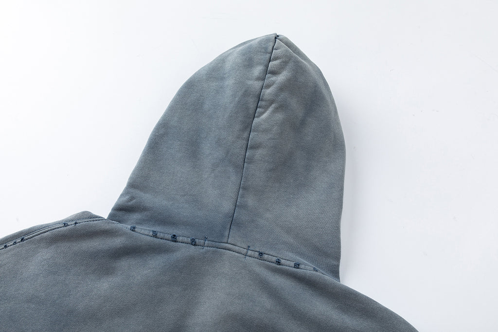 27362 American-style trendy washed distressed print short wide men's hooded cardigan sweatshirt jacket 148