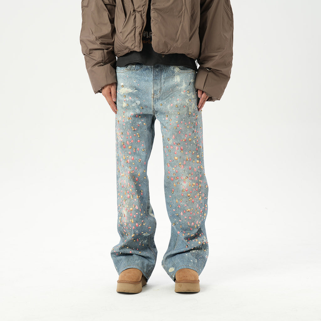 American retro AC style 3D digital printing old rivet drilling casual loose straight jeans men